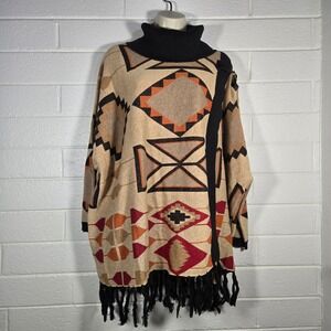 Vtg Tasha Polizzi Southwestern Turtleneck Poncho One Size Fringe Aztec Dolman